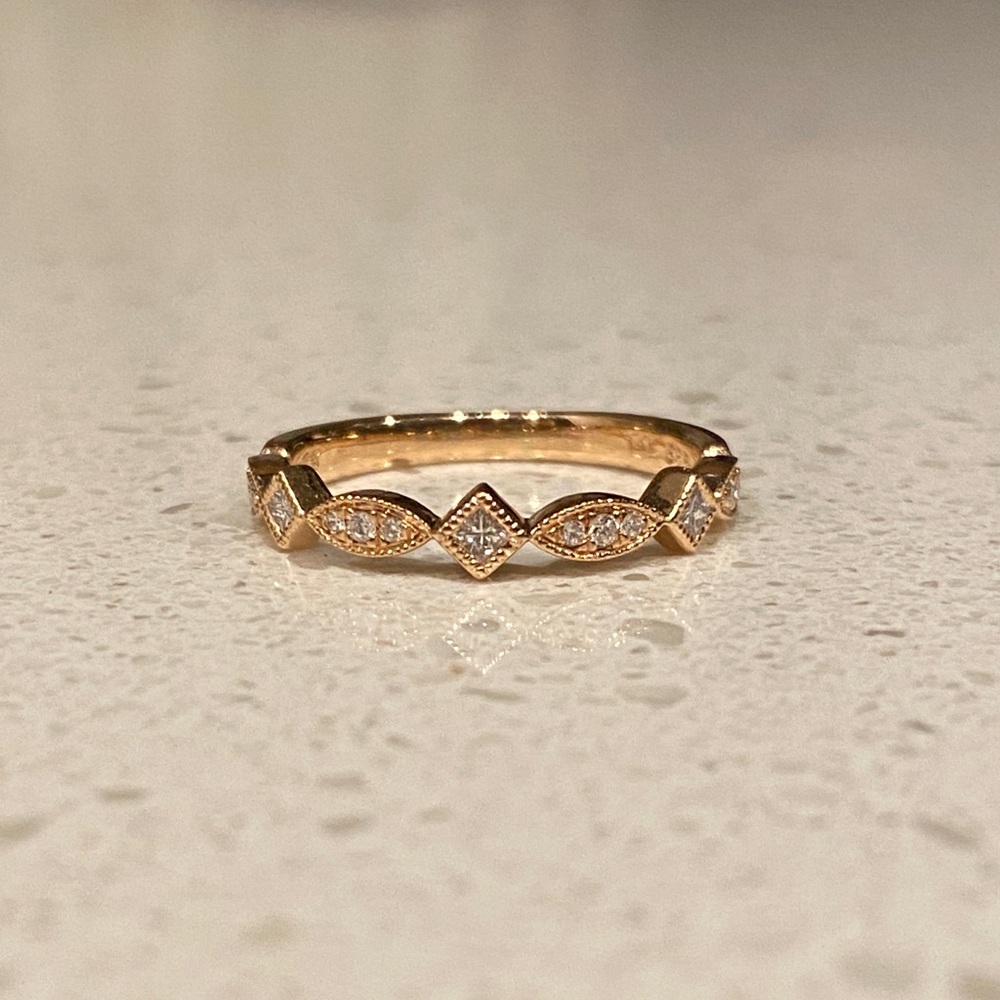 Vintage Style 14K Rose Gold Princess & Round Diamond Band